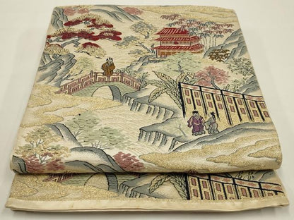 平和屋着物◎六通柄袋帯　唐織　人物風景文　金糸　正絹　逸品　AABK5372ou