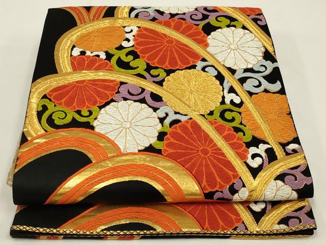 平和屋着物◎六通柄袋帯　唐織　花唐草文　黒地　金糸　正絹　逸品　AABK5375ou
