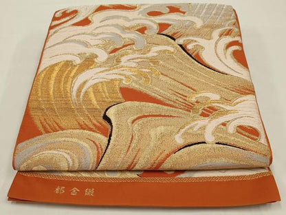 平和屋着物◎都金綴　六通柄袋帯　唐織　立波文　金糸　正絹　逸品　AABK5379ou