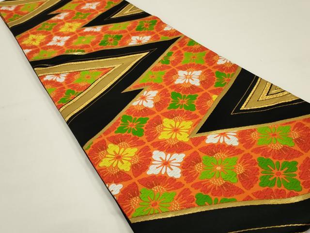 平和屋着物◎六通柄袋帯　唐織　花丸文　黒地　金糸　正絹　逸品　AABK5381ou