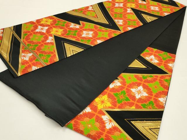 平和屋着物◎六通柄袋帯　唐織　花丸文　黒地　金糸　正絹　逸品　AABK5381ou