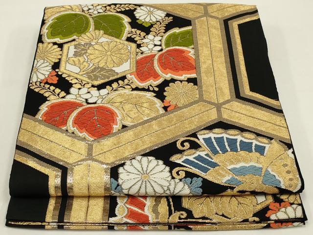 平和屋着物◎六通柄袋帯　唐織　亀甲桐文　黒地　金糸　正絹　逸品　AABK5386ou