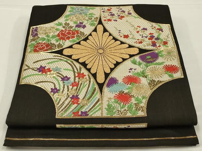 平和屋着物◎全通柄　本袋帯　唐織　草花文　黒地　金糸　松坂屋扱い　正絹　逸品　AABK5389ou