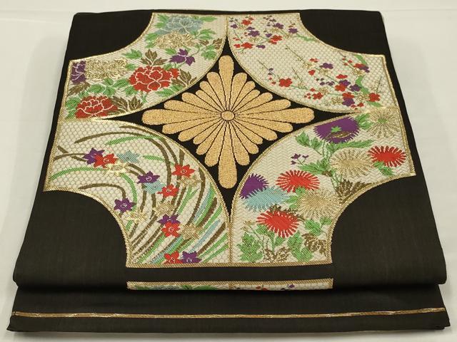 平和屋着物◎全通柄　本袋帯　唐織　草花文　黒地　金糸　松坂屋扱い　正絹　逸品　AABK5389ou