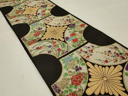 平和屋着物◎全通柄　本袋帯　唐織　草花文　黒地　金糸　松坂屋扱い　正絹　逸品　AABK5389ou
