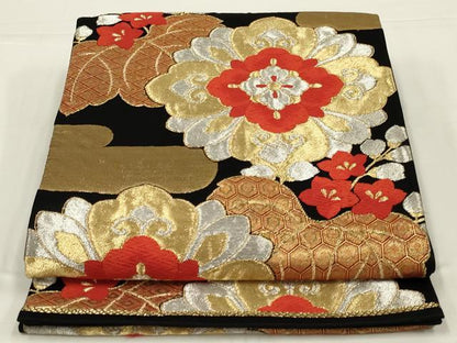 平和屋着物◎六通柄袋帯　唐織　花桐文　黒地　金銀糸　正絹　逸品　AABK5392ou