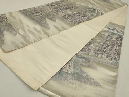 平和屋着物◎六通柄袋帯　唐織　遠山文　雪景色　銀糸　正絹　逸品　AABK5394ou