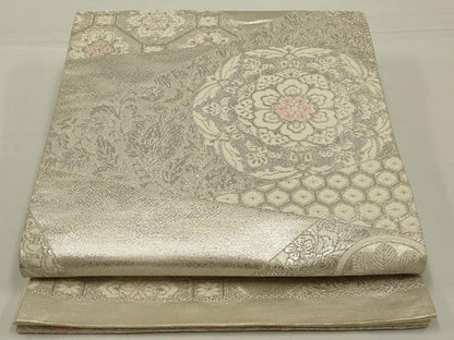 平和屋着物◎六通柄袋帯　唐織　切り嵌め正倉院花文　銀糸　正絹　逸品　AABK5395ou