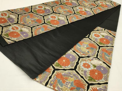 平和屋着物◎六通柄袋帯　唐織　鳳凰花文　黒地　金糸　正絹　逸品　AABK5398ou