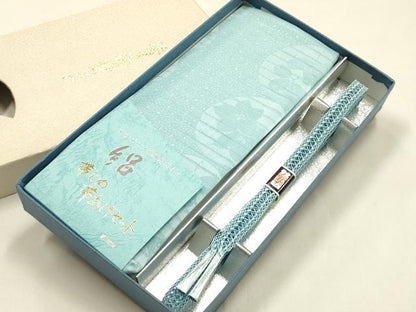 平和屋着物＊夏物　和装小物　帯締め・帯揚げセット　平組　レース組　絽　花丸地紋　白藍色　正絹　逸品　未使用　AABK5423ay
