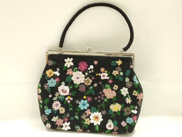 平和屋着物●和装小物　和装バッグ　ハンドバッグ　ビーズバッグ　がま口　花柄　逸品　AABK5504ay