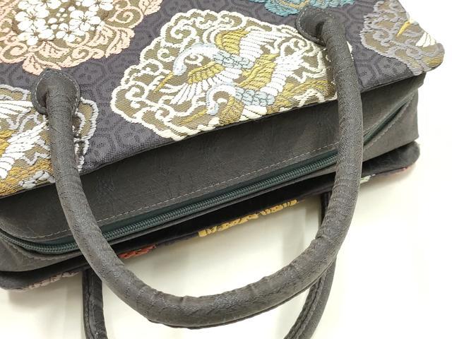 平和屋着物●和装小物　和装バッグ　ハンドバッグ　利休バッグ　飛鶴　笹　金糸　帯地使用　逸品　AABK5519ay