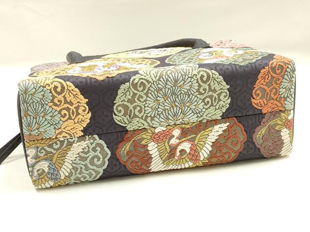 平和屋着物●和装小物　和装バッグ　ハンドバッグ　利休バッグ　飛鶴　笹　金糸　帯地使用　逸品　AABK5519ay