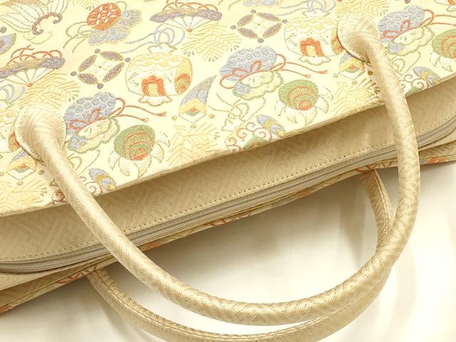 平和屋着物●和装小物　和装バッグ　ハンドバッグ　利休バッグ　宝尽くし　金糸　帯地使用　逸品　AABK5520ay