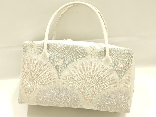 平和屋着物●和装小物　和装バッグ　ハンドバッグ　利休バッグ　西陣織　花青海波　銀糸　帯地使用　逸品　未使用　AABK5528ay