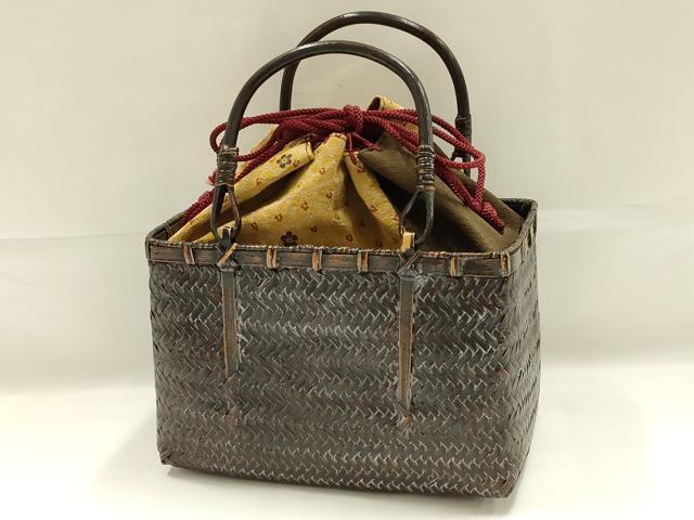 平和屋着物●和装小物　和装バッグ　ハンドバッグ　籠バッグ　巾着付き　天然素材　逸品　未使用　AABK5534ay