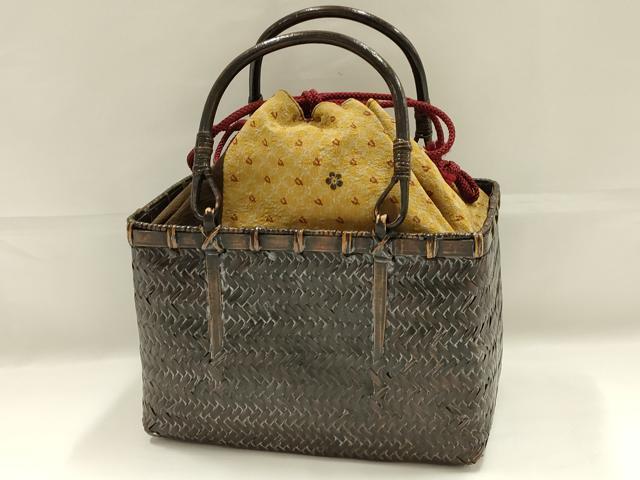 平和屋着物●和装小物　和装バッグ　ハンドバッグ　籠バッグ　巾着付き　天然素材　逸品　未使用　AABK5534ay