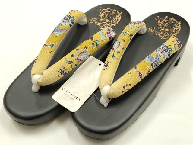 平和屋着物●岡重謹製　OKAJIMA　和装小物　下駄　桐下駄　黒　友禅柄鼻緒　象更紗　浴衣　夏着物　共箱付き　逸品　未使用　AABK5553ay