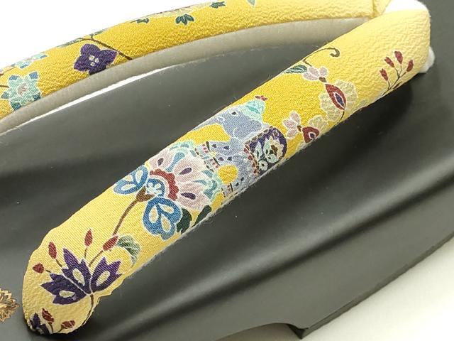 平和屋着物●岡重謹製　OKAJIMA　和装小物　下駄　桐下駄　黒　友禅柄鼻緒　象更紗　浴衣　夏着物　共箱付き　逸品　未使用　AABK5553ay