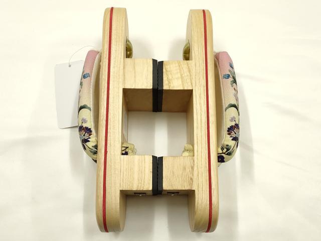 平和屋着物●岡重謹製　OKAJIMA　和装小物　下駄　桐下駄　二枚歯　白木　友禅柄鼻緒　更紗　浴衣　共箱付き　逸品　未使用　AABK5554ay