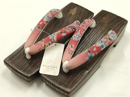 平和屋着物●岡重謹製　OKAJIMA　和装小物　下駄　桐下駄　茶　友禅柄鼻緒　象更紗　浴衣　夏着物　共箱付き　逸品　未使用　AABK5555ay