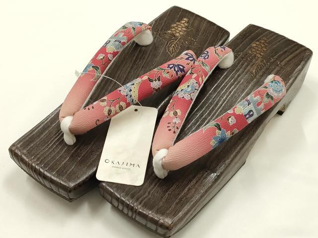 平和屋着物●岡重謹製　OKAJIMA　和装小物　下駄　桐下駄　茶　友禅柄鼻緒　象更紗　浴衣　夏着物　共箱付き　逸品　未使用　AABK5555ay