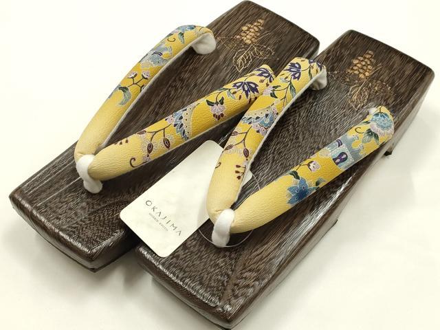 平和屋着物●岡重謹製　OKAJIMA　和装小物　下駄　桐下駄　茶　友禅柄鼻緒　象更紗　浴衣　夏着物　共箱付き　逸品　未使用　AABK5557ay