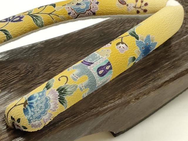 平和屋着物●岡重謹製　OKAJIMA　和装小物　下駄　桐下駄　茶　友禅柄鼻緒　象更紗　浴衣　夏着物　共箱付き　逸品　未使用　AABK5557ay