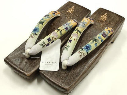 平和屋着物●岡重謹製　OKAJIMA　和装小物　下駄　桐下駄　茶　友禅柄鼻緒　象更紗　浴衣　夏着物　共箱付き　逸品　未使用　AABK5562ay