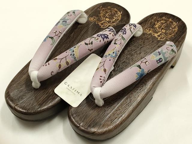 平和屋着物●岡重謹製　OKAJIMA　和装小物　下駄　桐下駄　茶　友禅柄鼻緒　象更紗　浴衣　夏着物　共箱付き　逸品　未使用　AABK5563ay