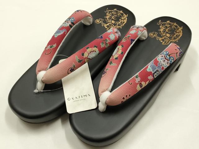 平和屋着物●岡重謹製　OKAJIMA　和装小物　下駄　桐下駄　黒　友禅柄鼻緒　象更紗　浴衣　夏着物　共箱付き　逸品　未使用　AABK5565ay