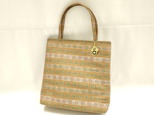 平和屋着物▼和装小物　和装バッグ　ハンドバッグ　トートバッグ　花鳥文　金糸　春草　逸品　未使用　AABK5578ay