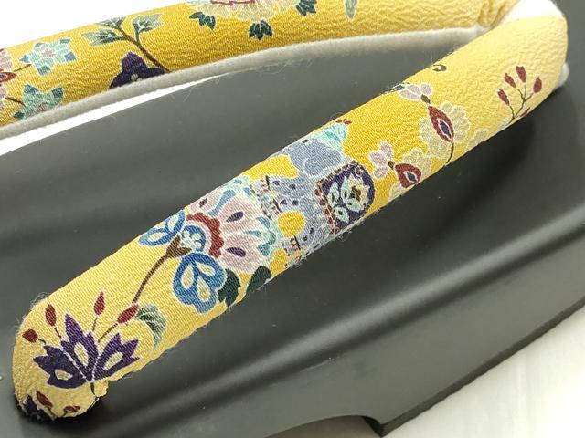 平和屋着物●岡重謹製　OKAJIMA　和装小物　下駄　桐下駄　黒　友禅柄鼻緒　象更紗　浴衣　夏着物　共箱付き　逸品　未使用　AABK5583ay