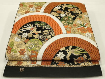 平和屋着物◎六通柄　本袋帯　唐織　青海波鳳凰花文　黒地　金糸　正絹　逸品　AABK5602ou