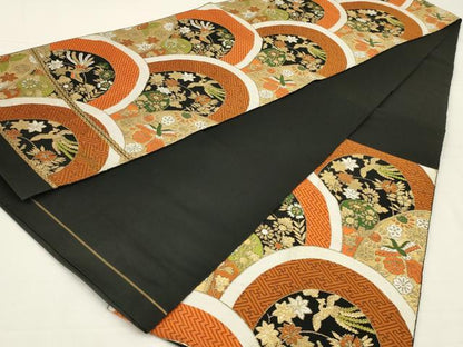 平和屋着物◎六通柄　本袋帯　唐織　青海波鳳凰花文　黒地　金糸　正絹　逸品　AABK5602ou