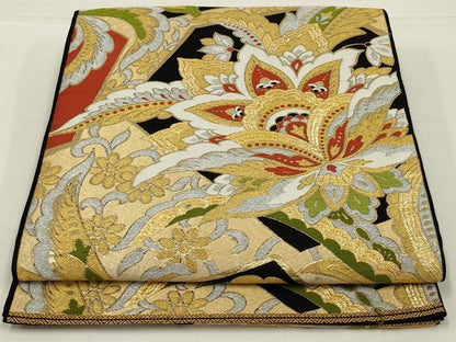 平和屋着物◎六通柄　本袋帯　唐織　更紗花文　黒地　金銀糸　正絹　逸品　AABK5603ou
