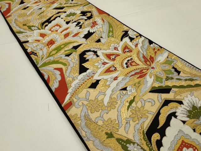 平和屋着物◎六通柄　本袋帯　唐織　更紗花文　黒地　金銀糸　正絹　逸品　AABK5603ou
