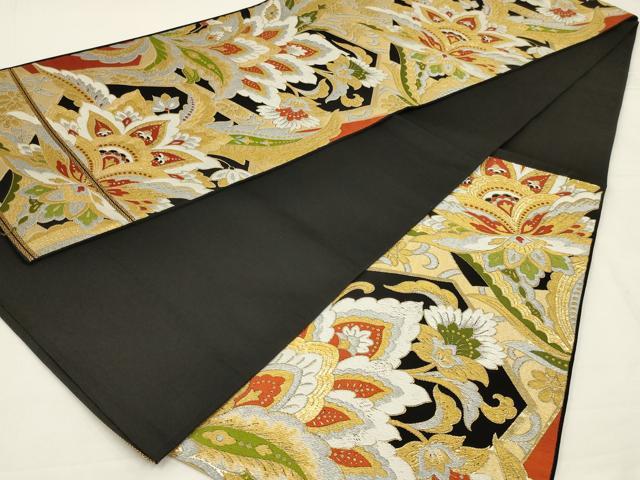 平和屋着物◎六通柄　本袋帯　唐織　更紗花文　黒地　金銀糸　正絹　逸品　AABK5603ou