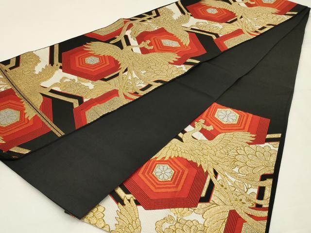 平和屋着物◎六通柄袋帯　唐織　鳳凰亀甲花文　黒地　金糸　正絹　逸品　AABK5609ou