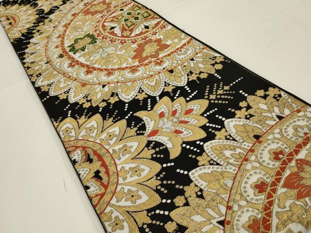 平和屋着物◎六通柄袋帯　唐織　正倉院花文　黒地　金糸　正絹　逸品　AABK5610ou