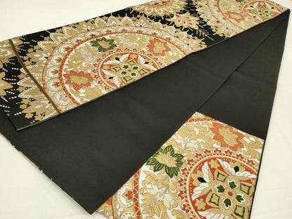 平和屋着物◎六通柄袋帯　唐織　正倉院花文　黒地　金糸　正絹　逸品　AABK5610ou