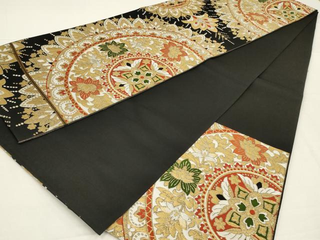 平和屋着物◎六通柄袋帯　唐織　正倉院花文　黒地　金糸　正絹　逸品　AABK5610ou