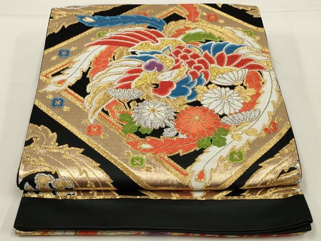 平和屋着物◎六通柄袋帯　唐織　鳳凰花文　黒地　金銀糸　正絹　逸品　AABK5615ou
