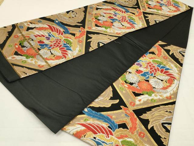 平和屋着物◎六通柄袋帯　唐織　鳳凰花文　黒地　金銀糸　正絹　逸品　AABK5615ou