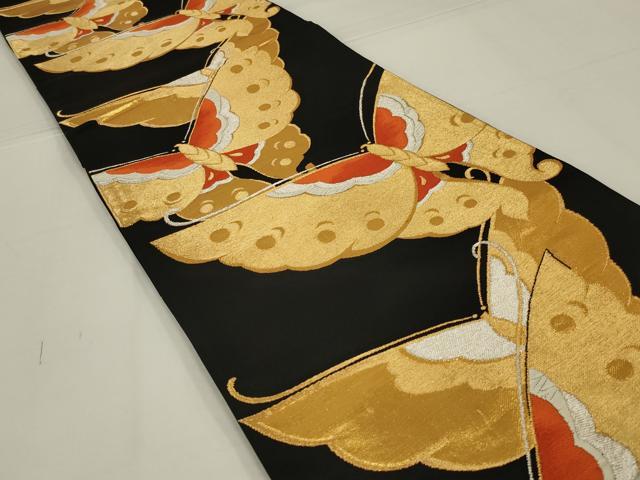 平和屋着物◎六通柄袋帯　唐織　舞蝶文　黒地　銀糸　正絹　逸品　AABK5616ou