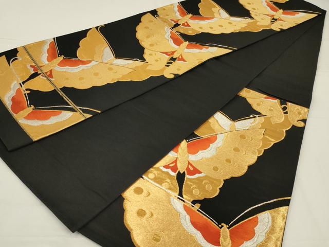 平和屋着物◎六通柄袋帯　唐織　舞蝶文　黒地　銀糸　正絹　逸品　AABK5616ou
