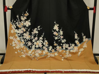平和屋本店●お引きずり・お引き摺り　訪問着　和装　舞台　舞妓　芸妓　芸者　衣装　枝花文　黒地　金彩　逸品　AABK5620ou