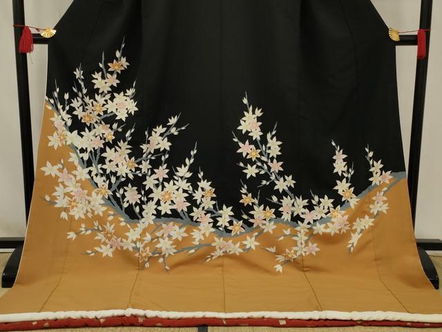 平和屋本店●お引きずり・お引き摺り　訪問着　和装　舞台　舞妓　芸妓　芸者　衣装　枝花文　黒地　金彩　逸品　AABK5620ou