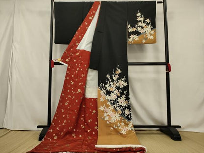 平和屋本店●お引きずり・お引き摺り　訪問着　和装　舞台　舞妓　芸妓　芸者　衣装　枝花文　黒地　金彩　逸品　AABK5620ou