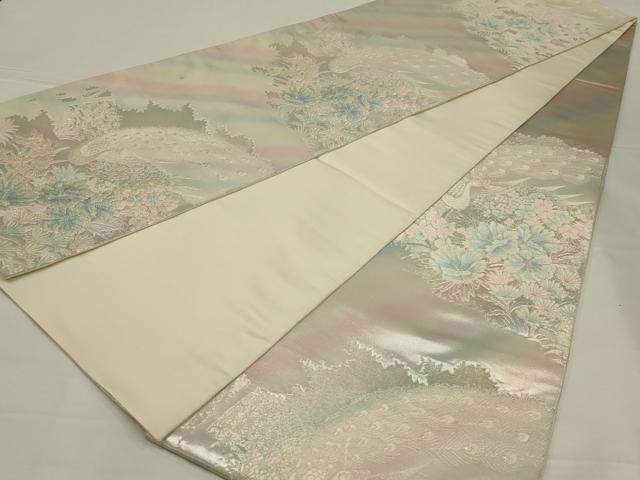 平和屋着物◎六通柄袋帯　唐織　孔雀草花文　銀糸　正絹　逸品　AABK5628ou